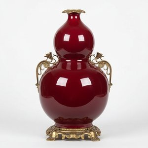 Gourd-shaped Red Ceramic Vase With Gold Accents - 18" Tall, Chinoiserie