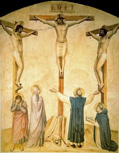 Crucifixión Con Los Dos Ladrones, La Virgen María, San Juan, Santo Domingo Y Santo Tomás De Aquino — Fra Angelico, Early Renaissance