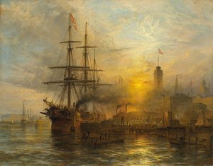 A Danish Steamer Moored Alongside A Busy Dock — Генри Томас Доусон