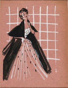 Drawing, girl in white dress with pois pattern and black overcoat