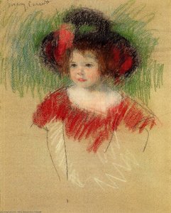 Margot In Big Bonnet And Red Dress — Mary Stevenson Cassatt, Impressionism