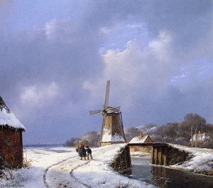 Mother And Child On Snowy Road Sun — Andreas Schelfhout