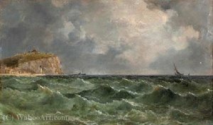 Sailing off a coast with a lighthouse