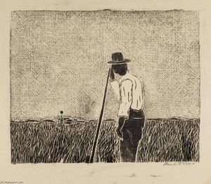 Farmer Leaning On Staff In Field — Frank Mcclure