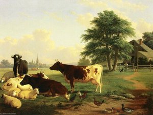 Landscape Cattle, Woman, Boy And Newfoundland Dog — Thomas Hewes Hinckley