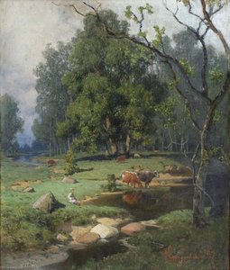 In a forest stream. Landscape with a herd