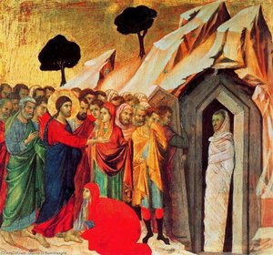 Maestó (dorso, Predela), La Resurrección De Lázaro — Duccio Di Buoninsegna, Arte Gótico