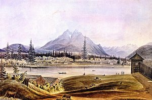 Hudson's Bay Company Fort Langley, Left Bank of Fraser River, Langley Butte in the Distance