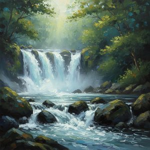 Ethereal Descent: A Singular Vision Of Cascading Mist And Verdant Stone — Laurent Montagne, Concept Art