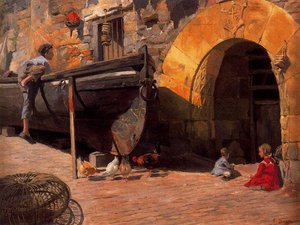 Boat And Children On A Street Motrico — Ignacio Díaz Olano
