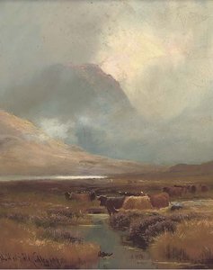 Cattle Watering In A Highland Landscape — Henry Hadfield Cubley