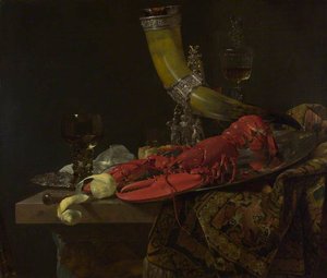 Still Life With The Drinking Horn Of The Saint Sebastian Archers' Guild, Lobster And Glasses — Willem Kalf