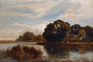 Cattle Watering In A Summer River Landscape — Arthur Gilbert