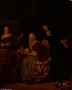 A Young Woman Composing Music, Observed By A Man, With Another Woman Playing The Lute — Gabriel Metsu