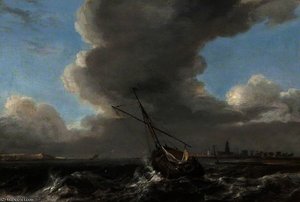 A Small Dutch Vessel At Anchor Off The Coast In A Rough Sea — Abraham Hendricksz. Van Beyeren