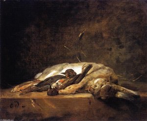A Rabbit, Two Thrushes And Some Straw On A Stone Table — Jean-baptiste-siméon Chardin, French Realism