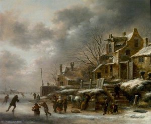 Winter Scene, River with Figures Skating