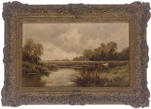 Cattle Watering In A River Lanscape