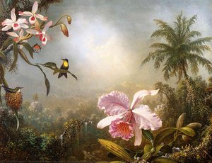 Orchids, Nesting Hummingbirds And A Butterfly — Martin Johnson Heade, Luminism
