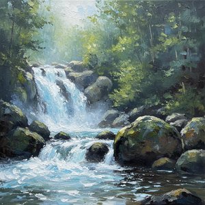Ephemeral Descent: A Singular Vision Of Cascading Waters And Mossed Stone — Christian Noiret, Contemporary Abstract