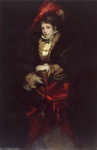Portrait Of A Lady With Red Plumed Hat — Hans Makart