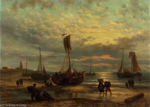 Fishing vessels on the beach at sunset, scheveningen