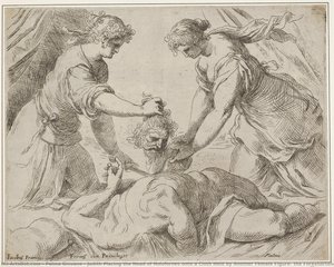 Judith Placing The Head Of Holofernes Onto A Cloth Held By Another Female Figure, The Foreshortened Body Of Holofernes Gushes With Blood From The Neck — Jacopo Palma Il Giovane
