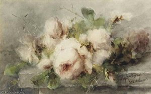 Pink Roses On A Stone Ledge — Margaretha Roosenboom