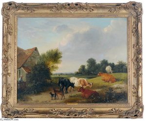 Cows And Goats Resting In A Meadow — Edmund Bristow