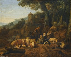 a Landscape with drovers and their flock at rest