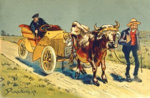 Cow Pulling A Motor Car — Paul Gustave Doré, Satirical Illustration
