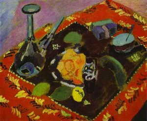 Dishes And Fruit On A Red And Black Carpet — Henri Matisse