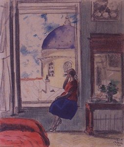 Interior With A Female Figure At The Window — Boris Michailowitsch Kustodijew