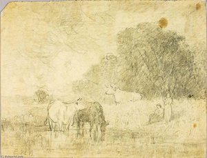 Landscape With Cows At Pond, Two Figures — Edward Mitchell Bannister