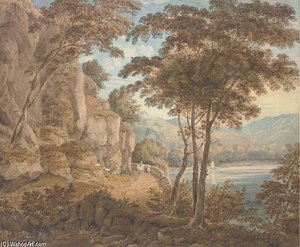 Travellers On A Road By A Lake, Mountains Beyond — William Havell