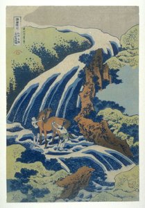 Yoshitsune - Pferdepflege Beim Wasserfall Von Yoshino — Katsushika Hokusai
