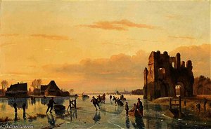A Winter Landscape With Figures On A Frozen Waterway — Nicolaas Johannes Roosenboom