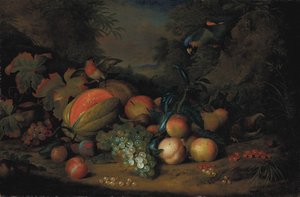 A Split Melon, Peaches, Plums, Grapes, Apples And Currants With A Parrot And A Bullfinch — Tobias Stranover