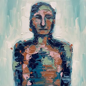 Fragmented Soul In Deep Teal And Ochre: A Monumental Impasto Study — Christian Noiret, Contemporary Abstract Painting