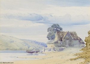 A Cottage By A Lake With Hills Beyond — John Callow