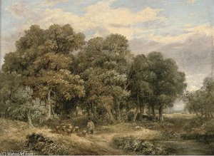 A Drover And His Flock In A Wooded Landscape — James Stark