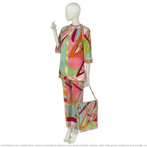 Beach Ensemble In Abstract Swirl Print Of White, Fuschia, Pink, Lime Green, Turquoise And Orange, Comprising Pants, Overblouse, Tunic Jacket And Bag — Emilio Pucci, 1960s Italian Fashion