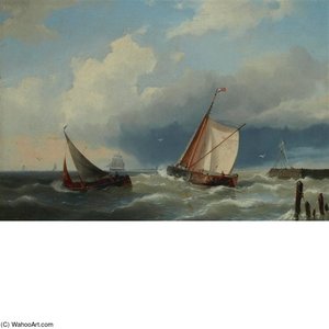Sailing Vessels Off Pier — Hermanus Junior Koekkoek