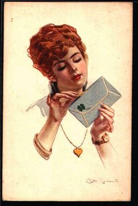 Red-haired woman opens the curious love letter