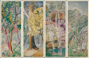 Four panels for a screen: loquat tree, gum and wattle trees, waterfall, picnic in a gully