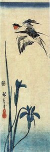 Sparrow Flying Over Irises — Ando Hiroshige