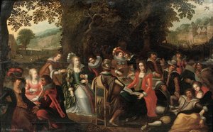 An elegant company dining and making music in a garden.