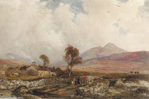 An Extensive Landscape With Figures On A Track And Buildings Beyond, Wales — Peter De Wint