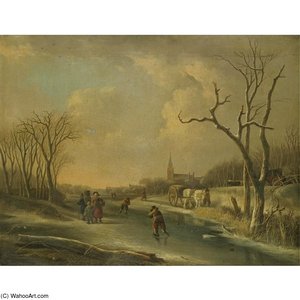 A Winter Landscape With Skaters On A Frozen River, Together With A Family Of Faggot Gatherers — Andries Vermeulen