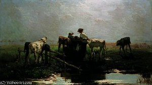 Calves At A Pond — Willem Maris